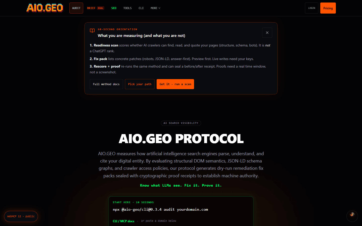 Screenshot of the AIO.GEO Protocol website