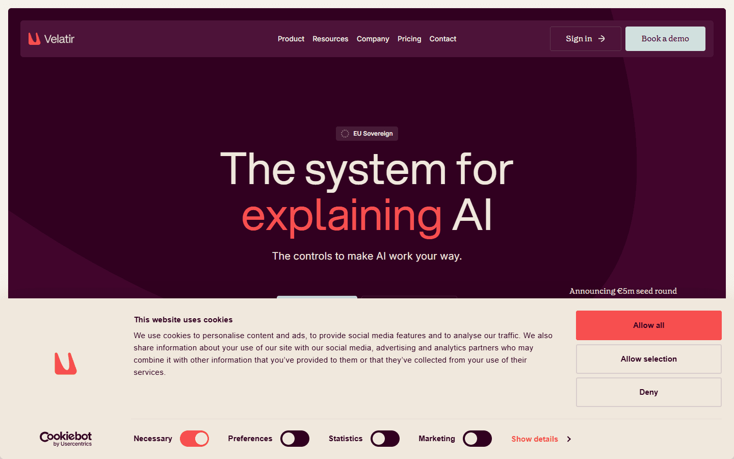 Screenshot of the Velatir website